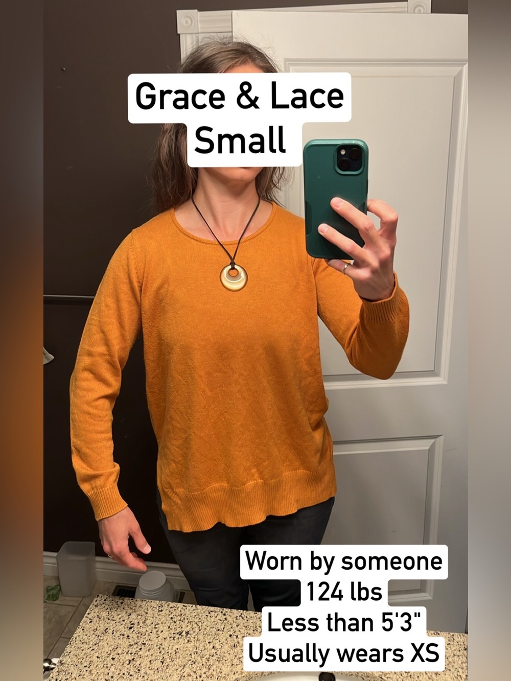 Grace & lace. Lightweight Crewneck knit Sweater in copper Mustard. Small.